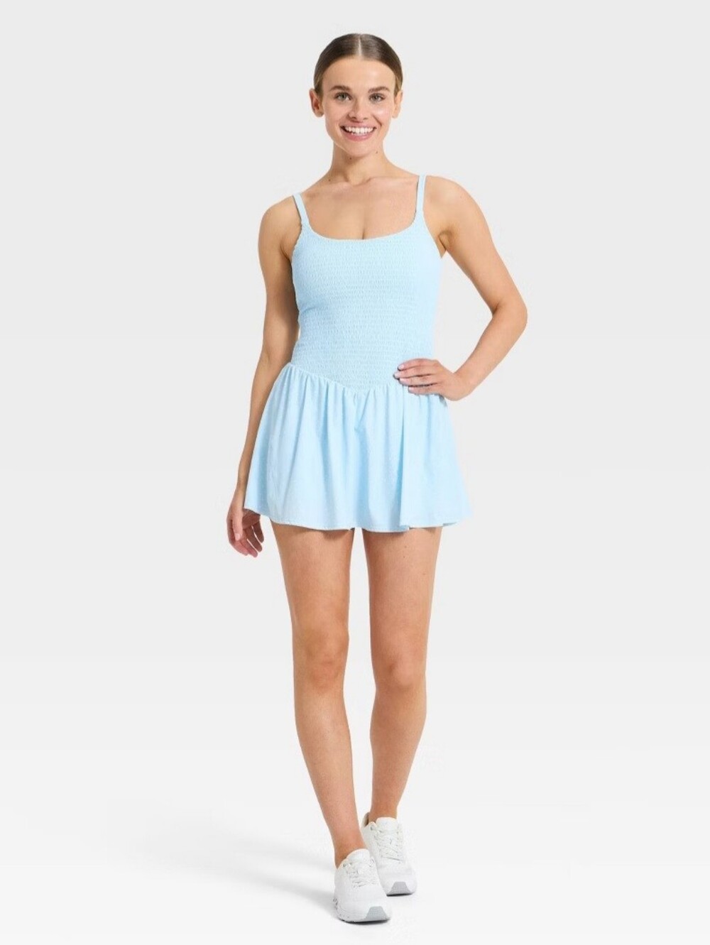 Women's Drop Waist Smocked Active Dress - JoyLab" Light Blue Polka Dot XXL